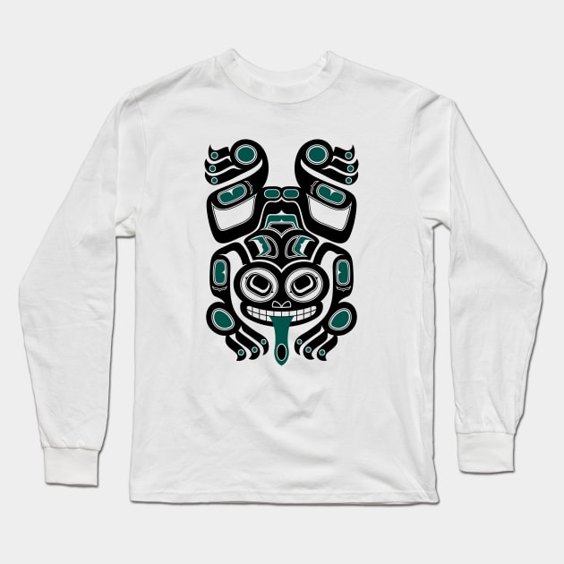 Teal Blue and Black Haida Spirit Tree Frog Long Sleeve T-Shirt by jeffbartels